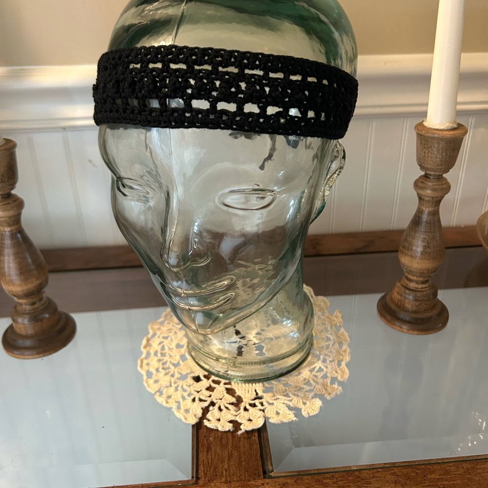 Elegant Black Crochet Headband. 1 3/4 inches wide. Adjustable length